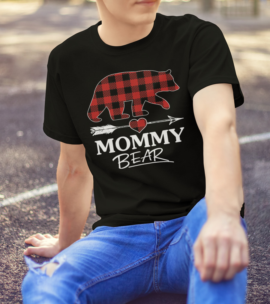 Mommy Bear Red Plaid Buffalo Heart Arrow T-Shirt