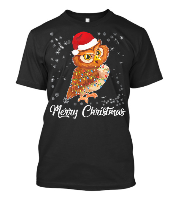 Merry Christmas Owl Santa Hat Snowflakes Lights T-Shirt