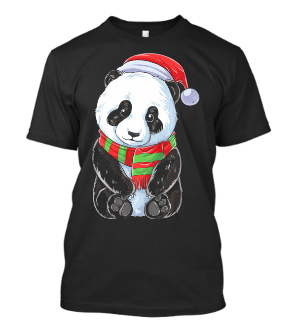 Panda Christmas Santa Hat Red Green Scarf T-Shirt
