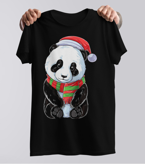 Panda Christmas Santa Hat Red Green Scarf T-Shirt