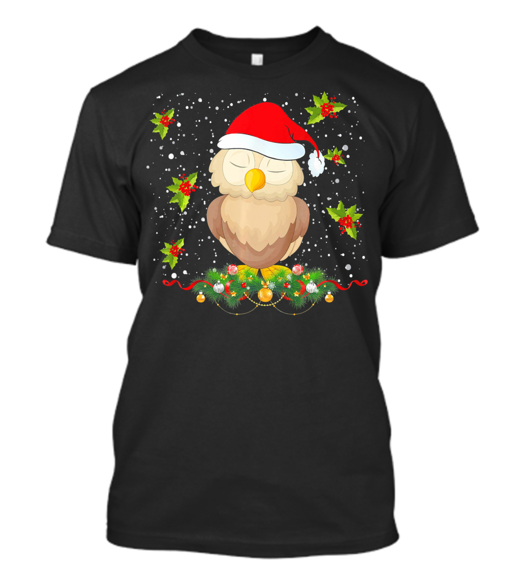 Merry Christmas Owl Santa Hat Holly Garland Snowflakes T-Shirt