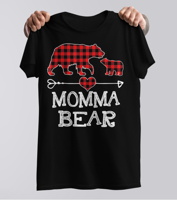 Momma Bear Red Plaid Heart Arrow Christmas T-Shirt