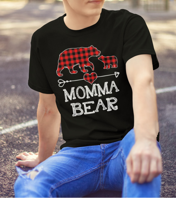 Momma Bear Red Plaid Heart Arrow Christmas T-Shirt