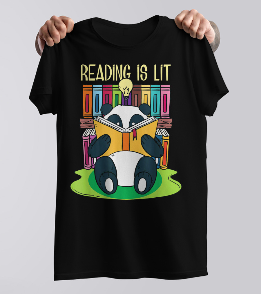 Reading Is Lit Panda Bear With Books And Light Bulb Funny English T-Shirt