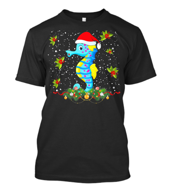 Merry Christmas Seahorse Santa Hat Holly Ornaments Snowflakes T-Shirt