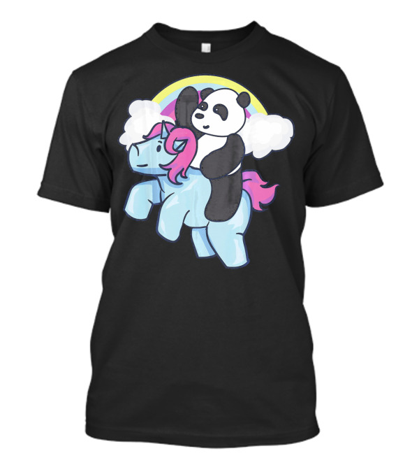 Panda Riding Unicorn Cute Meme Pandacor Rainbow Clouds T-Shirt
