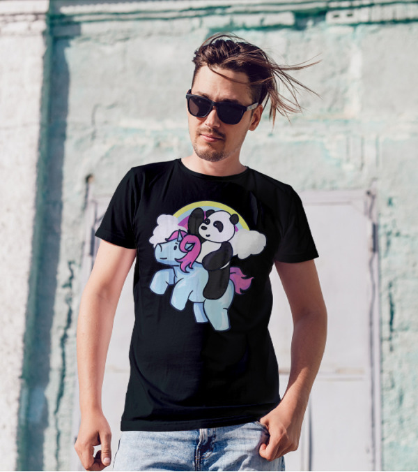 Panda Riding Unicorn Cute Meme Pandacor Rainbow Clouds T-Shirt