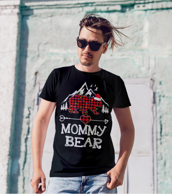Mommy Bear Christmas Red Plaid Santa Hat Mountains Pine Trees T-Shirt
