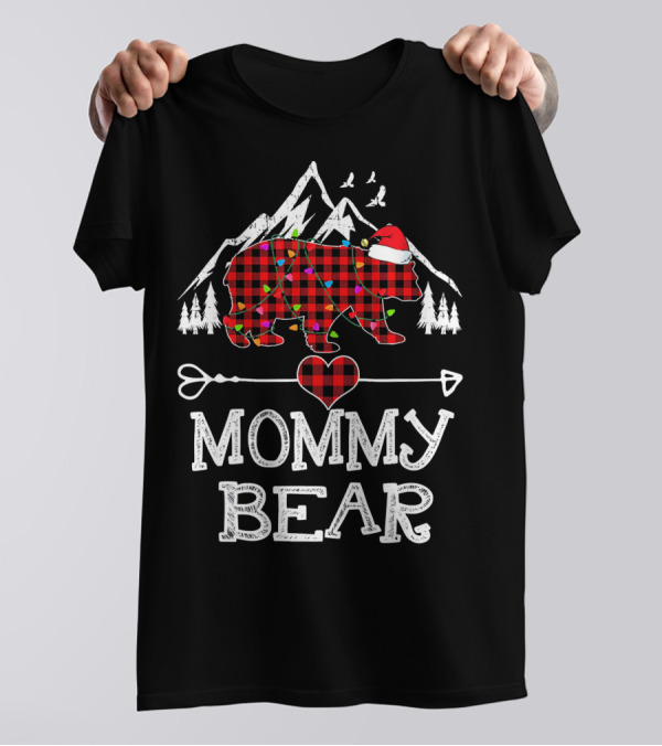 Mommy Bear Christmas Red Plaid Santa Hat Mountains Pine Trees T-Shirt