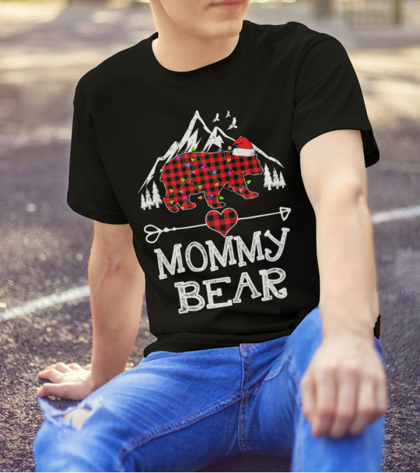 Mommy Bear Christmas Red Plaid Santa Hat Mountains Pine Trees T-Shirt