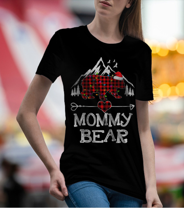 Mommy Bear Christmas Red Plaid Santa Hat Mountains Pine Trees T-Shirt