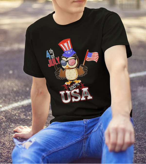 4th Of July Patriotic Owl Uncle Sam Hat 100% USA T-Shirt