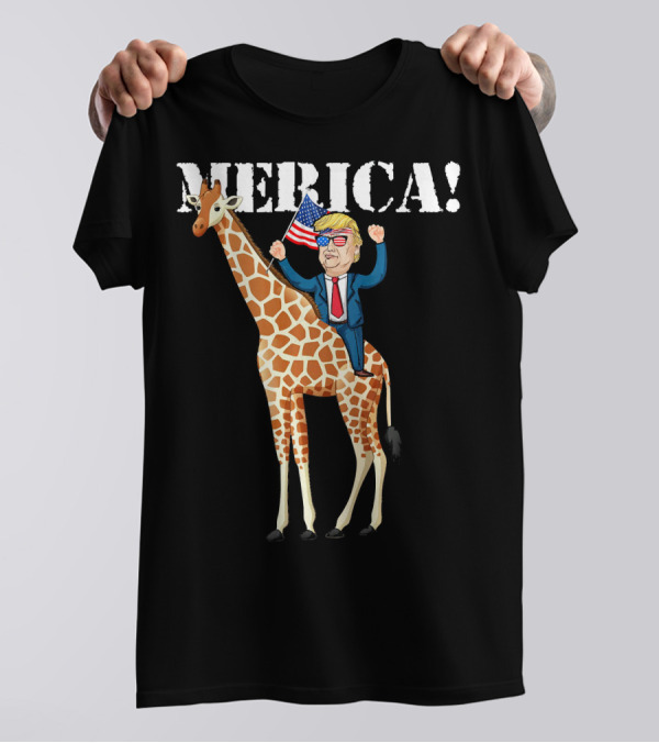 MERICA Funny Trump Riding Giraffe American Flag T-Shirt