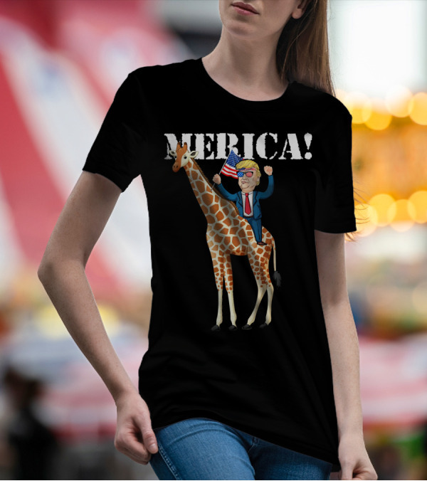 MERICA Funny Trump Riding Giraffe American Flag T-Shirt