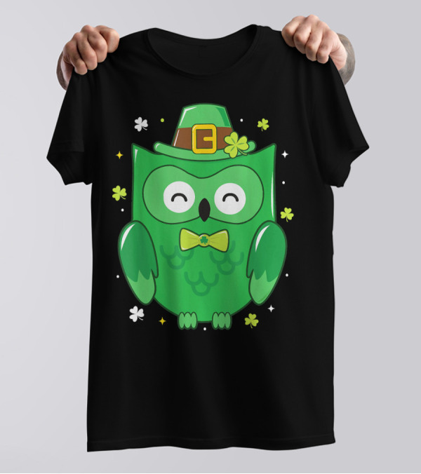 St Patricks Day Owl Funny Bird Love Shamrock Hat Bowtie T-Shirt