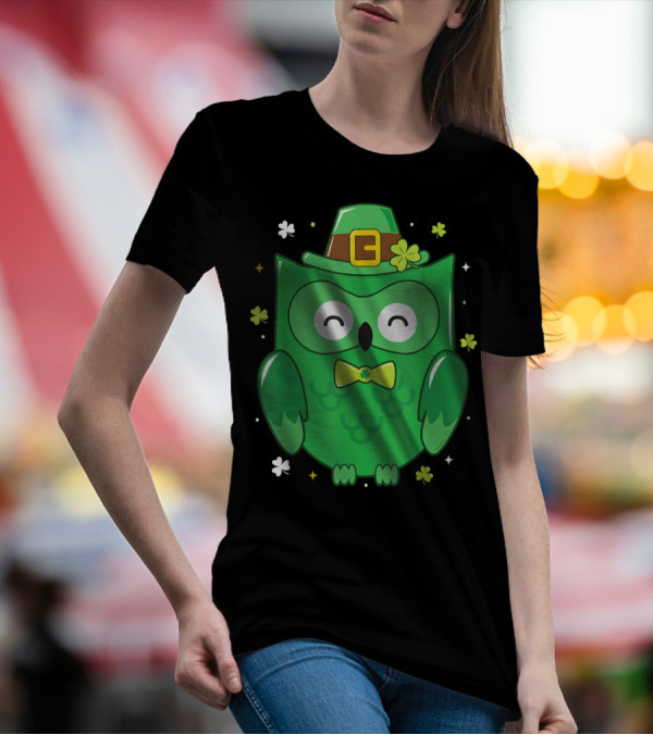 St Patricks Day Owl Funny Bird Love Shamrock Hat Bowtie T-Shirt