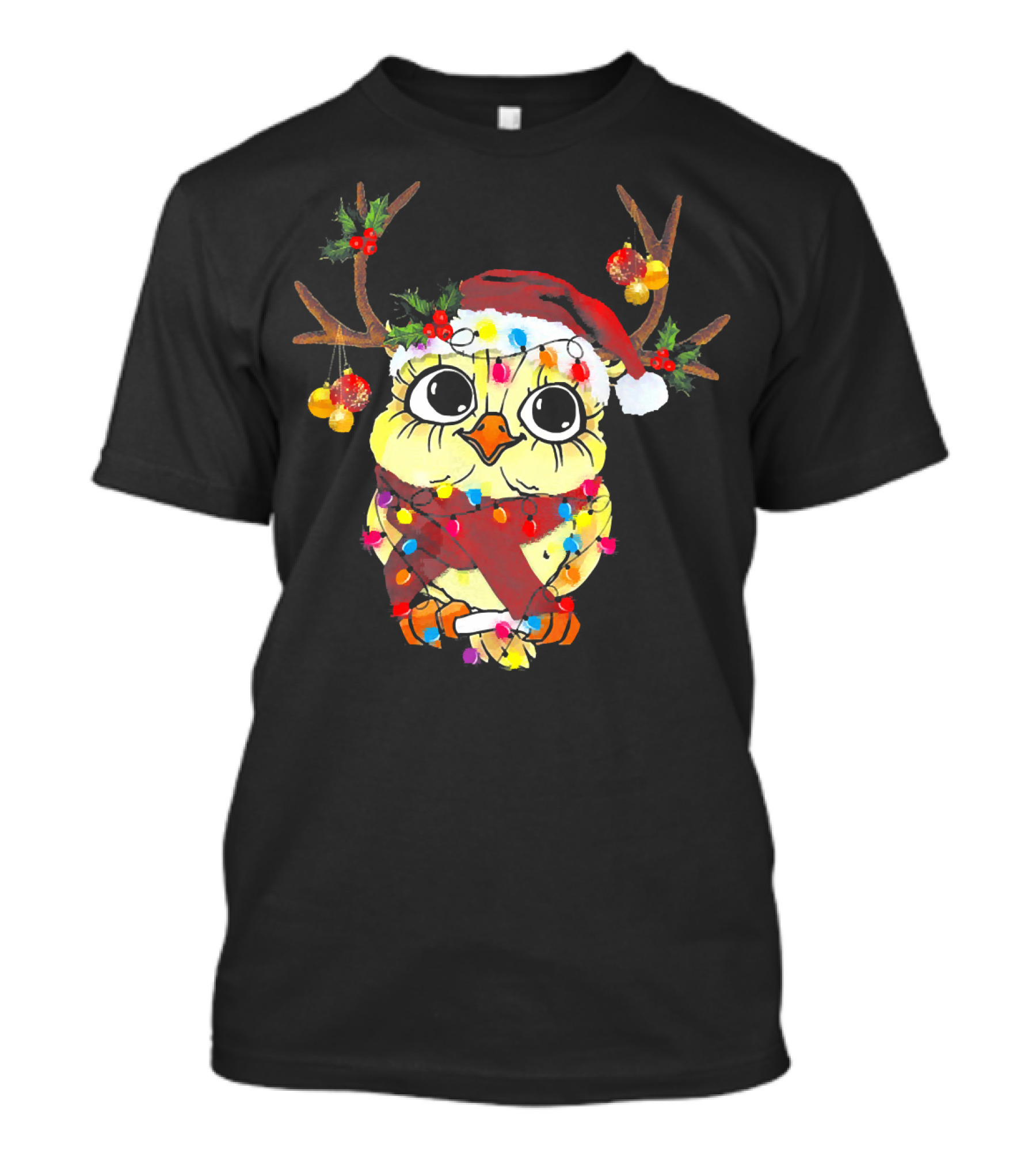 Owl Christmas Reindeer Antlers Lights Festive Santa Hat And Scarf T-Shirt