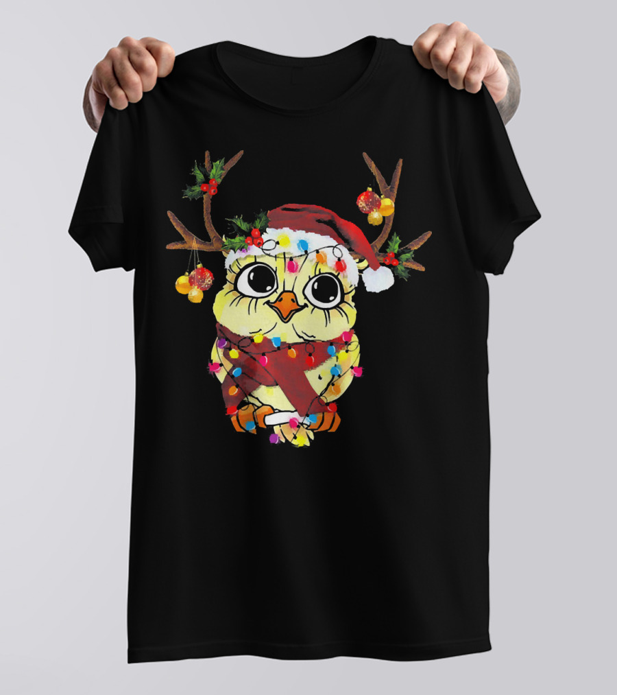 Owl Christmas Reindeer Antlers Lights Festive Santa Hat And Scarf T-Shirt