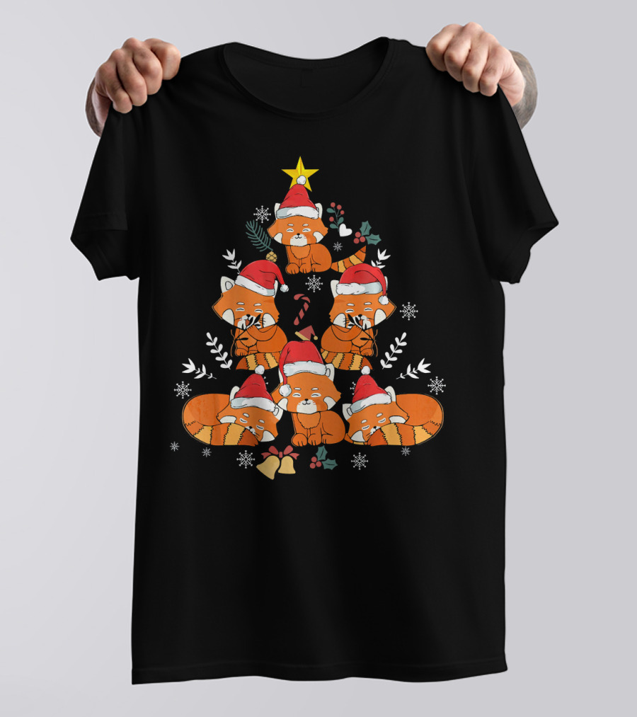 Red Panda Santa Hat Christmas Tree Cute Holiday Snowflakes Stars T-Shirt