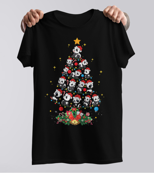 Panda Lover Xmas Tree With Festive Santa Hat Pandas And Christmas Decorations T-Shirt