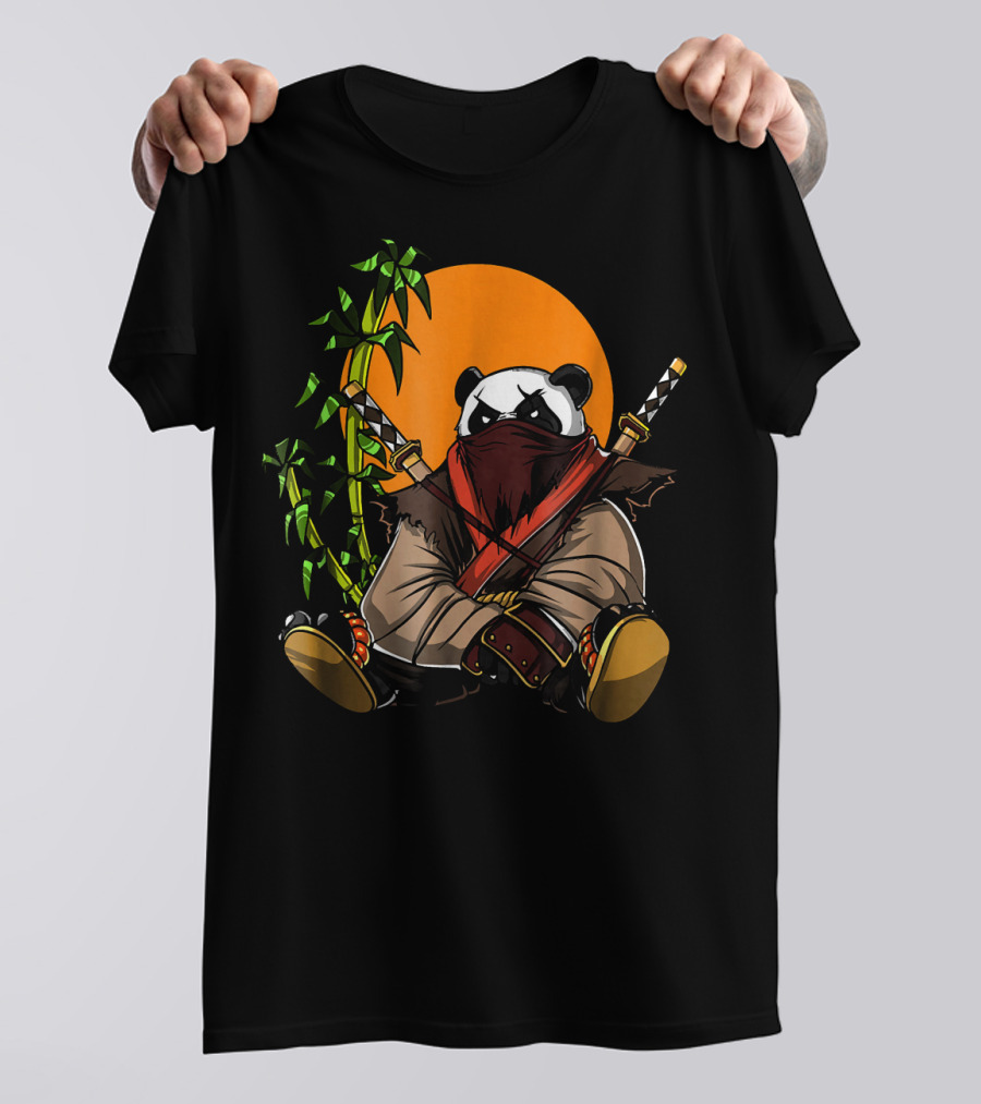 Panda Bear Funny Ninja Samurai Sitting With Swords And Bamboo T-Shirt