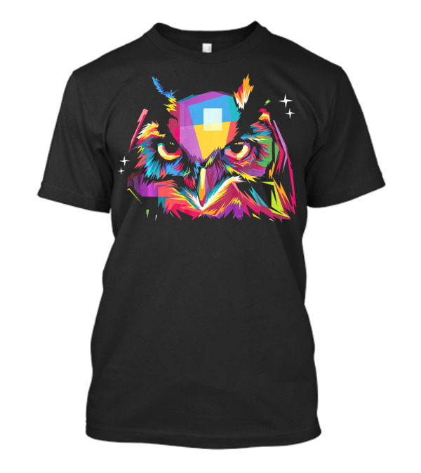Electric Bright Rainbow Geometric Owl With Stars T-Shirt