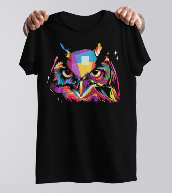 Electric Bright Rainbow Geometric Owl With Stars T-Shirt
