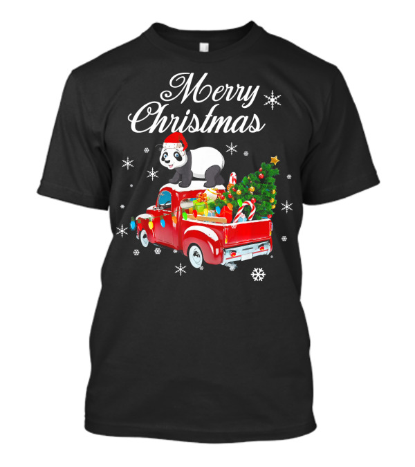 Merry Christmas Panda Bear Rides Red Truck With Christmas Tree And Gifts T-Shirt