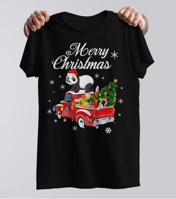 Merry Christmas Panda Bear Rides Red Truck With Christmas Tree And Gifts T-Shirt