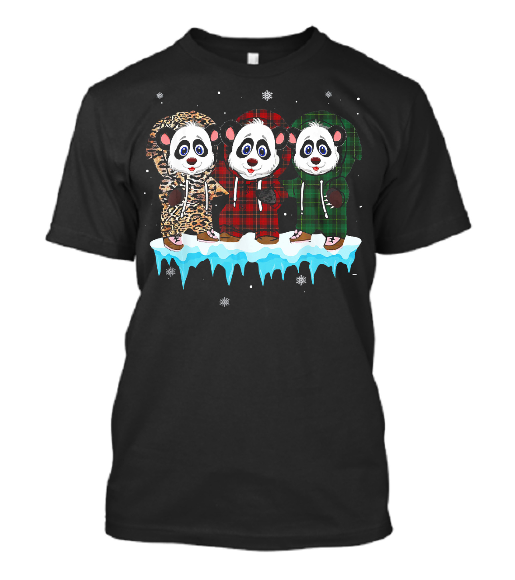 Panda Trio In Red Plaid And Green Buffalo Christmas Pajamas With Snowflakes T-Shirt
