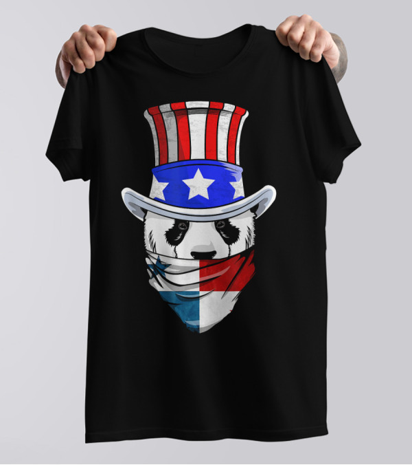 Panamanian Panda Bear In Panama Bandana With Patriotic Hat T-Shirt