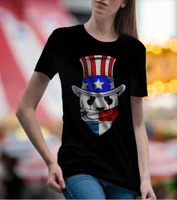 Panamanian Panda Bear In Panama Bandana With Patriotic Hat T-Shirt