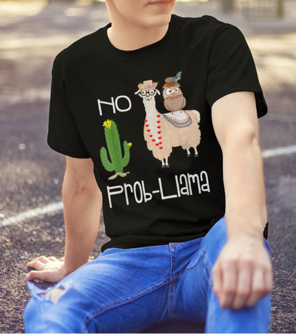 No Prob Llama Owl In Hat With Cactus And Hearts T-Shirt