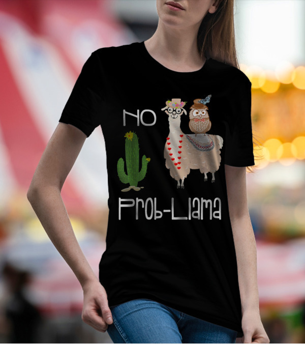 No Prob Llama Owl In Hat With Cactus And Hearts T-Shirt
