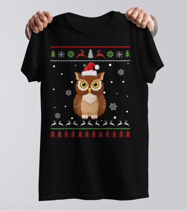 Owl Christmas Santa Hat Snowflakes Reindeer Trees Matching Family Group T-Shirt