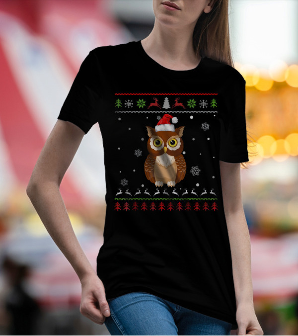 Owl Christmas Santa Hat Snowflakes Reindeer Trees Matching Family Group T-Shirt