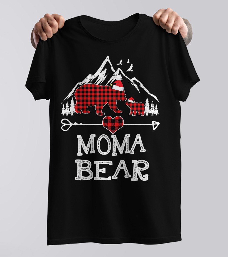 Moma Bear Christmas Red Plaid Buffalo Check Mountains T-Shirt