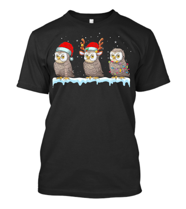 Owls In Santa And Reindeer Hats With Christmas Lights T-Shirt