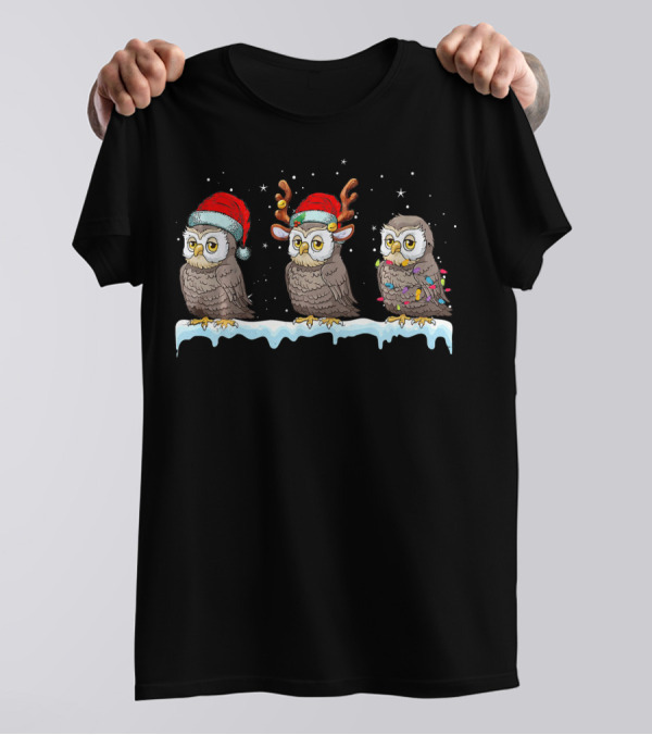 Owls In Santa And Reindeer Hats With Christmas Lights T-Shirt