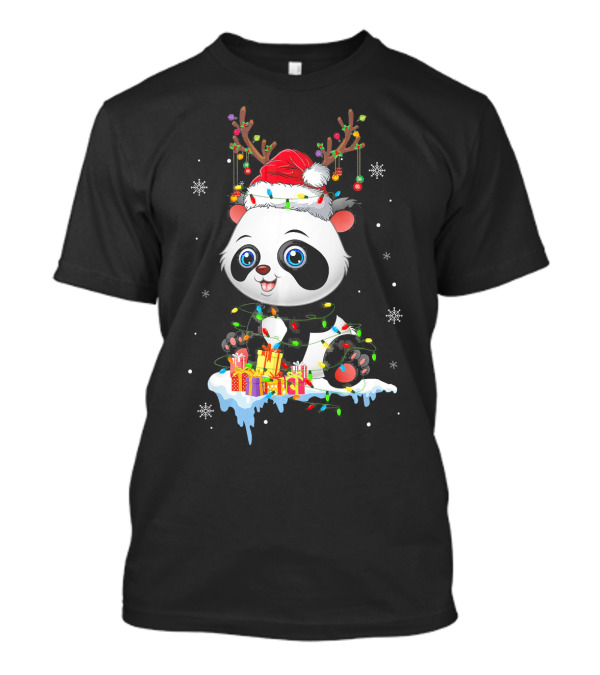 Panda Christmas Reindeer Santa Hat Snowflakes Lights Presents T-Shirt