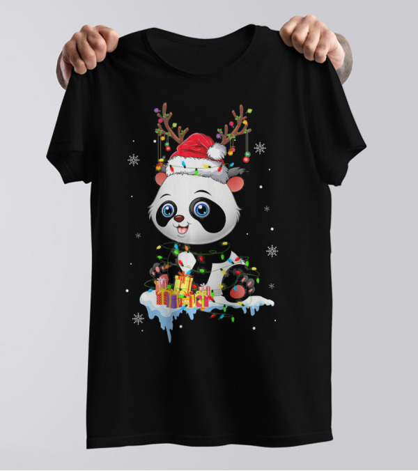 Panda Christmas Reindeer Santa Hat Snowflakes Lights Presents T-Shirt