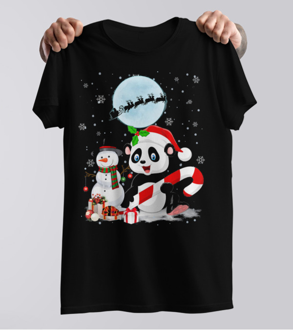 Panda Santa Hat With Candy Cane And Snowman Under Christmas Moon With Sleigh T-Shirt