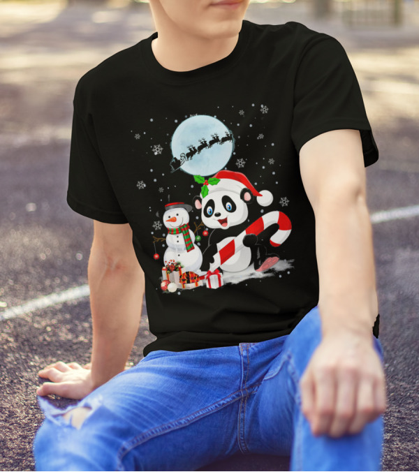 Panda Santa Hat With Candy Cane And Snowman Under Christmas Moon With Sleigh T-Shirt