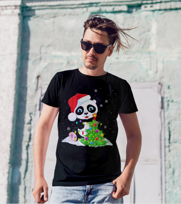 Panda Santa Hat Christmas Tree Lights Snowflakes T-Shirt
