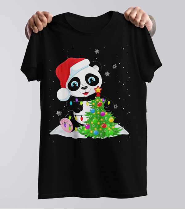 Panda Santa Hat Christmas Tree Lights Snowflakes T-Shirt