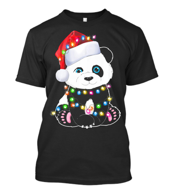 Panda Wrapped In Christmas Lights Wearing Santa Hat T-Shirt
