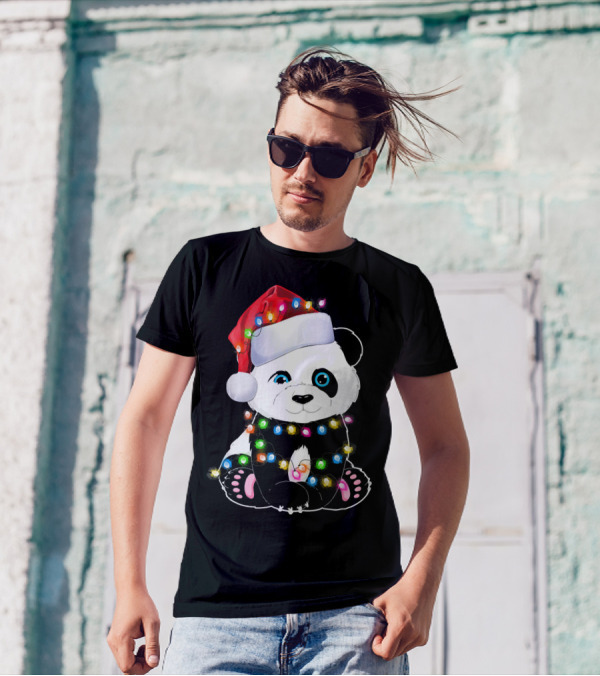 Panda Wrapped In Christmas Lights Wearing Santa Hat T-Shirt