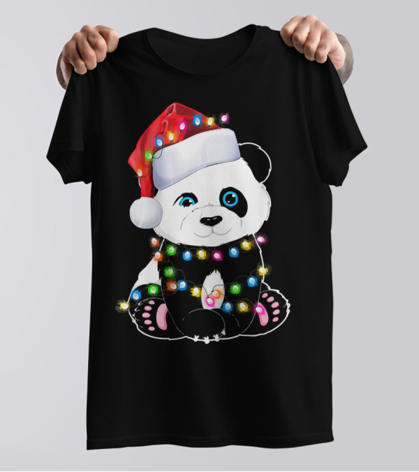 Panda Wrapped In Christmas Lights Wearing Santa Hat T-Shirt