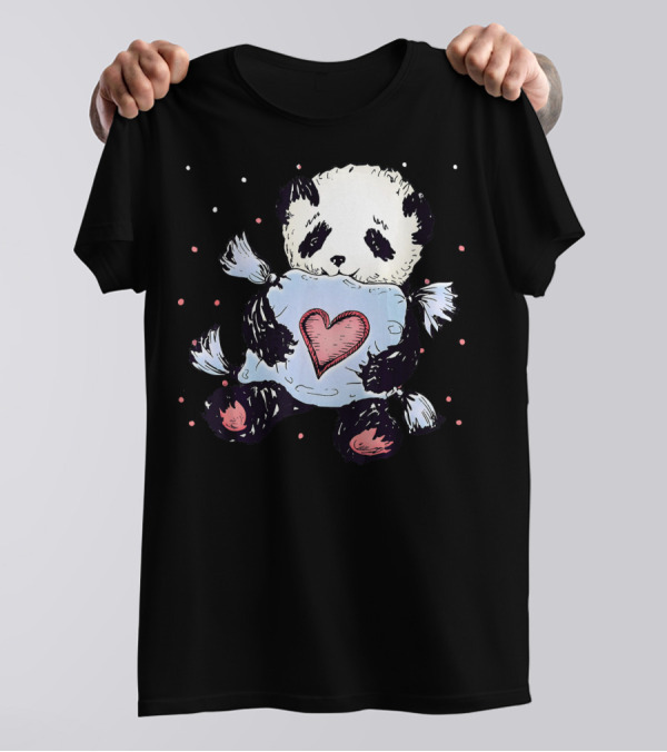 Panda Hugging Heart Pillow Valentine Love T-Shirt