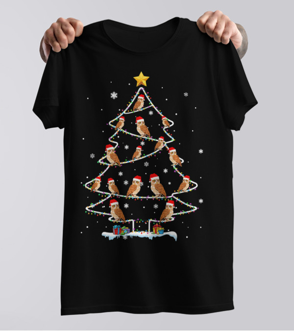 Owl Christmas Tree With Santa Hats And Presents T-Shirt